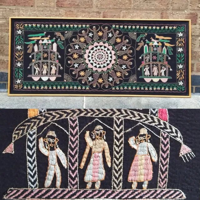 Tapestry Bengal Kantha Mid-Century Framed Folk Art Embroidery Indian Textile 70s