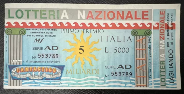Biglietto Lotteria Nazionale Italia 1991 con tagliando estrazione 6 gennaio 1992