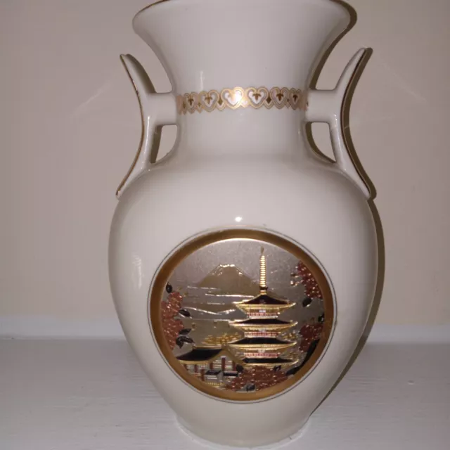 Art of Chokin Cream Vase Japanese Gold And Silver Gilt House Mountain Japan Vtg