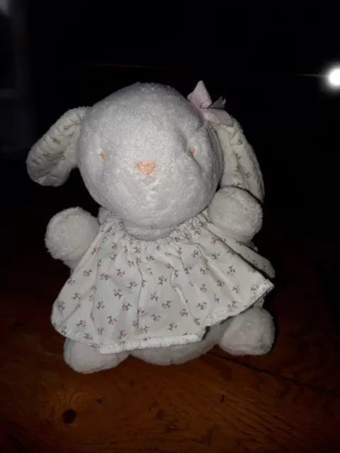 L1/ DOUDOU PELUCHE JACADI LAPIN BOULE BLANC ROBE IMPRIME FLEUR ROSE  16cm Env