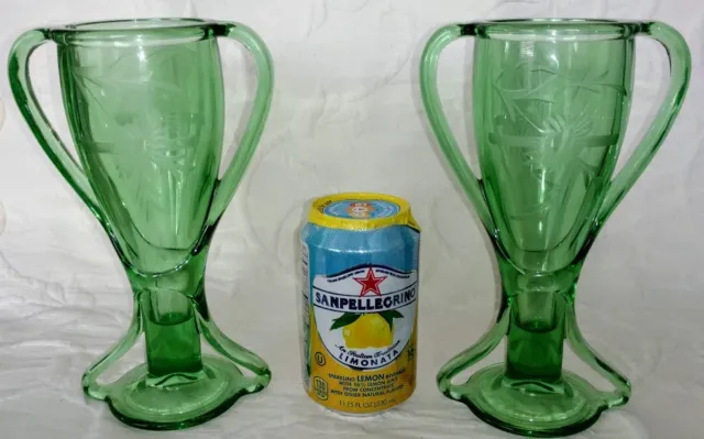 Vaseline Glass Fine Set Fostoria 1900's "Trophy or Loving Cup, or Vases, Etched" 2