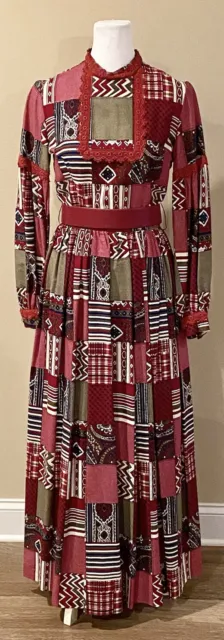 Vintage 1970s Prairie Lace Trim Patchwork Boho Cottage Maxi Dress & Belt Sz 10?