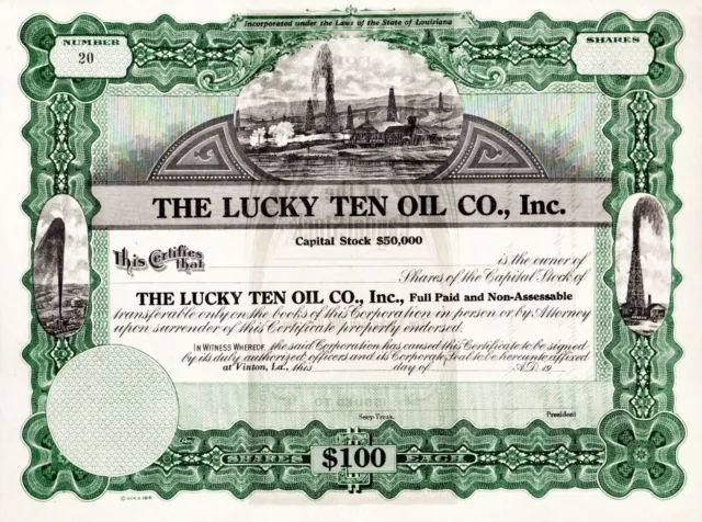 Lucky Ten Oil Co., Inc. Stock Certificate Less Than 100 Shares