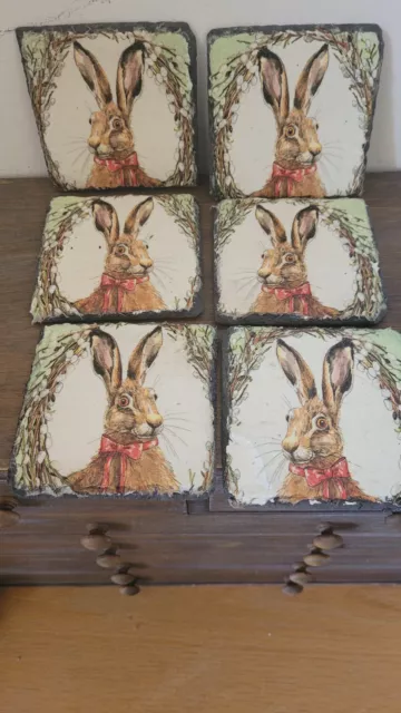 6 Hand Decorated Decoupaged Hare rabbit Slate Tile Coasters Drinks Mats Rustic