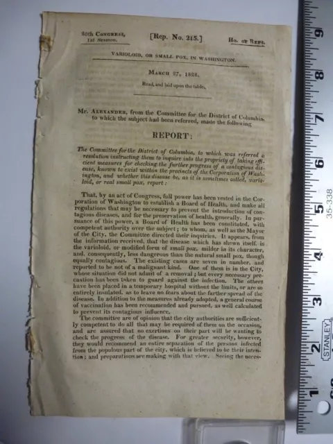 Government Report 1828 Committee For District Of Columbia Small Pox.  #3006