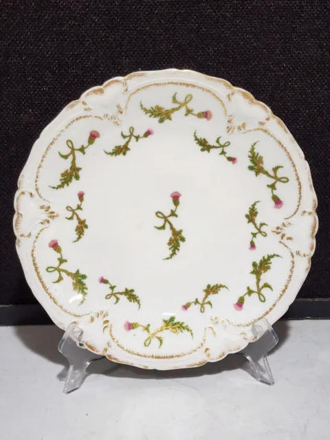 Antique  M Redon Limoges Porcelain Plate Gold Trim Hand Painted Thistles 9.5"