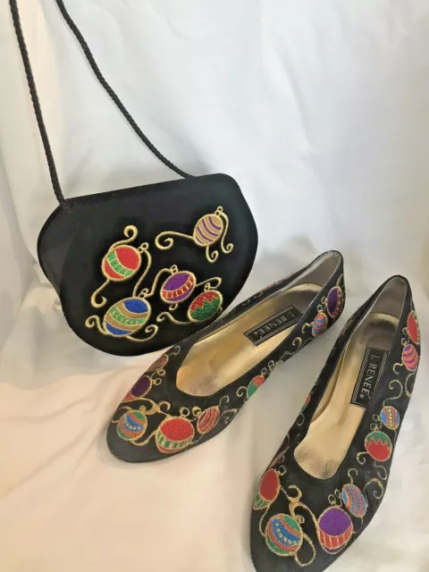90s Set of Vintage Holiday Embroidered Ornaments Purse AND Womens' Shoes 8.5 M