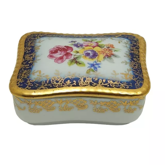 Vintage PM Martinroda Porcelain Trinket Box Floral Gold Gilded Lid Germany Small