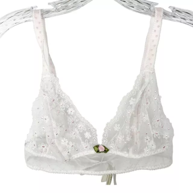For love & lemons women’s lace bralette size S floral embroidery bow pink white