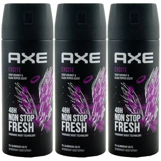 Axe Desodorante Spray Excite 3 X 150ml para Hombre 48H Fresco 0% Aluminio Sal