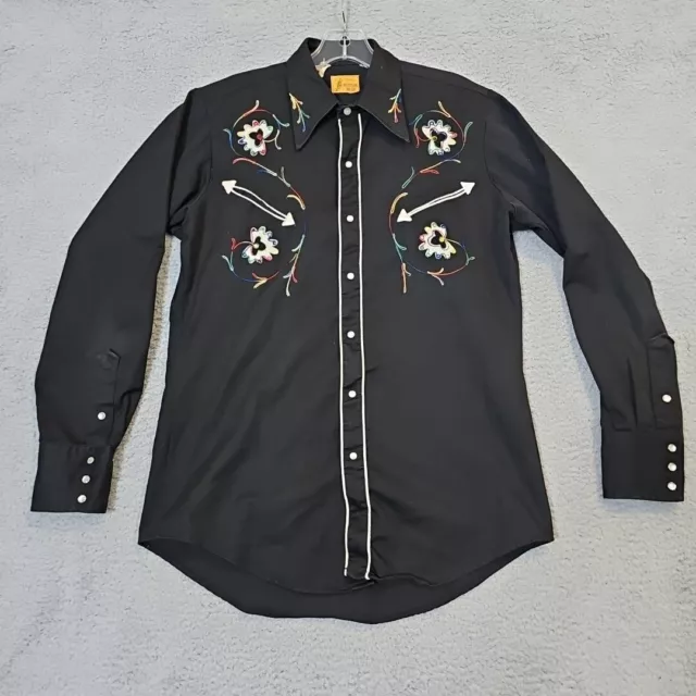 Vintage Sears Western Wear Pearl Snap Black Men's Cowboy Shirt Embroidered M