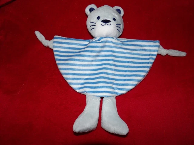 DOUDOU PLAT Chat Gris Blanc Bleu Rayure TOM ET & KIDDY Bisous d'ange NEUF