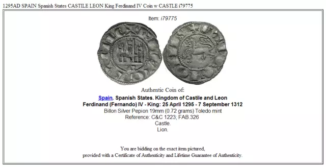 1295AD SPAIN Spanish States CASTILE LEON King Ferdinand IV Coin w CASTLE i79775 3