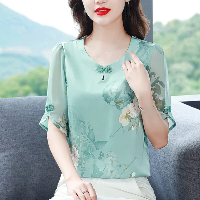 Donna Finta Seta Top Manica Corta Camicia Sciolto Stile Cinese Floreale Estate