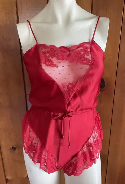 RALPH MONTENERO BLANCHE Teddy One Piece Romper Bodysuit Floral Lace Red 80s Vtg