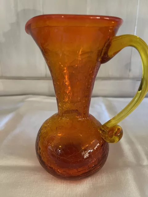 Vintage Studio Art Crackle Glass Amberina Orange & Yellow Pitcher Vase 6” Tall