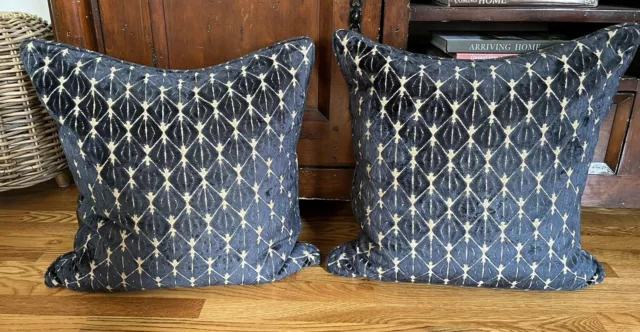 2 Custom Designer High End Pillow Covers Upholstery Fabric Blue Geo 22”