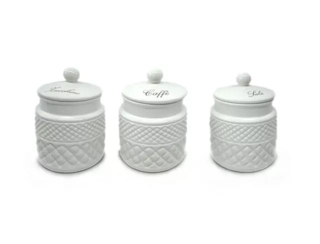 Set 3 Barattoli Contenitori Cucina Sale Zucchero Caffè in Ceramica Bianco