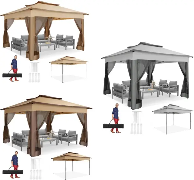 Doppeldach Pavillon 3,3x3,3m Pop Up Partyzelt Gartenzelt mit Moskitonetz UV-Schu