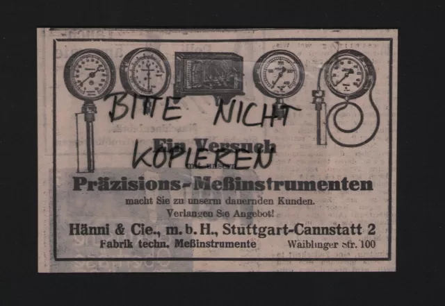 STUTTGART-CANNSTATT, Werbung 1928, Hänni & Cie. mbH Messinstrumente