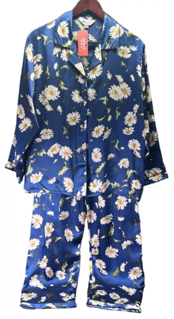 Sang Can Er  Women’s XL 100% Silk 2 Piece Long Sleeve Pajama Set Daises New