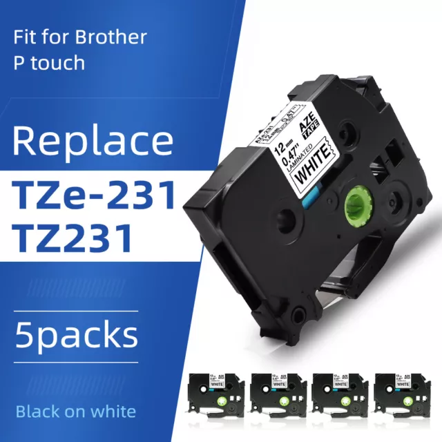 5 PACK TZ-231 TZe-231 Brother Black on White P-Touch Label Tape 12mm 0.47 Lamina