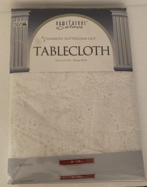 Home Trends Harmony Nottingham Lace Tablecloth White 70" Round Made in USA  NEW