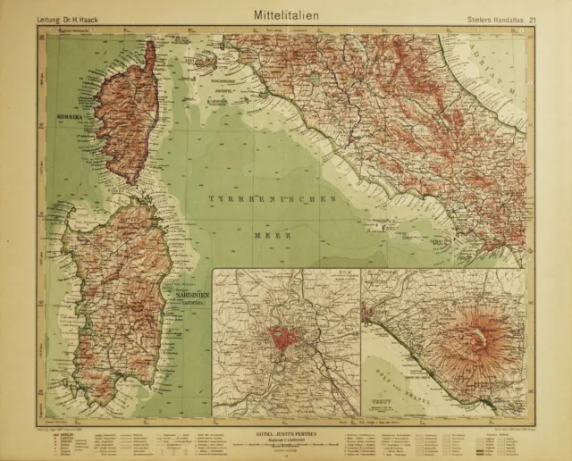 ITALIA CENTRALE ROMA NAPOLI - Carta Geografica Originale - Atlante Stieler 1920