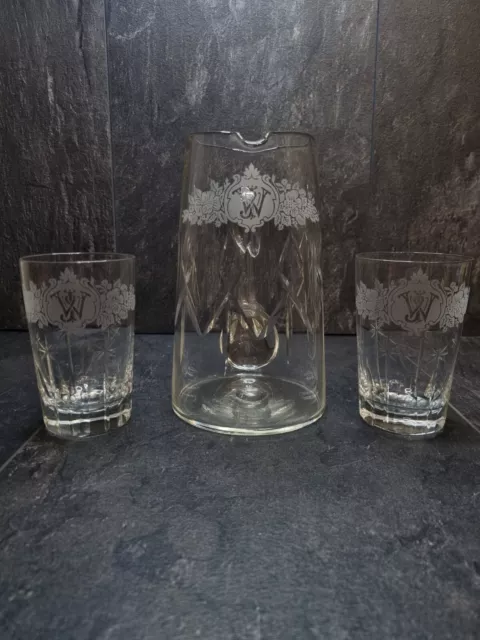 Edwardian lemonade jug with two glasses etched WJ