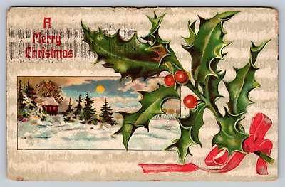 Postcard A Merry Christmas winter scene large holly