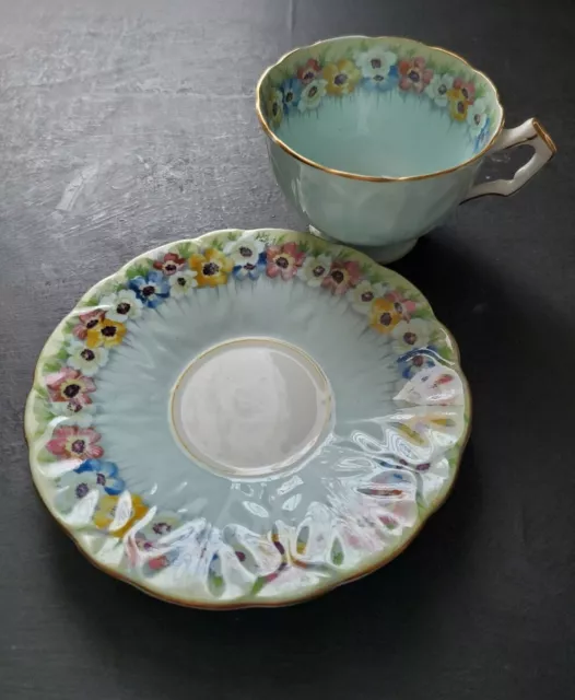 AYNSLEY Bone China Robin Egg Blue Anemones Footed Teacup and Saucer #765788 2