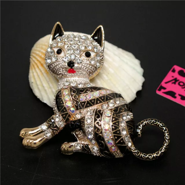 New Black Bling Rhinestone Cute Cat Crystal Fashion Women Charm Brooch Pin Gift