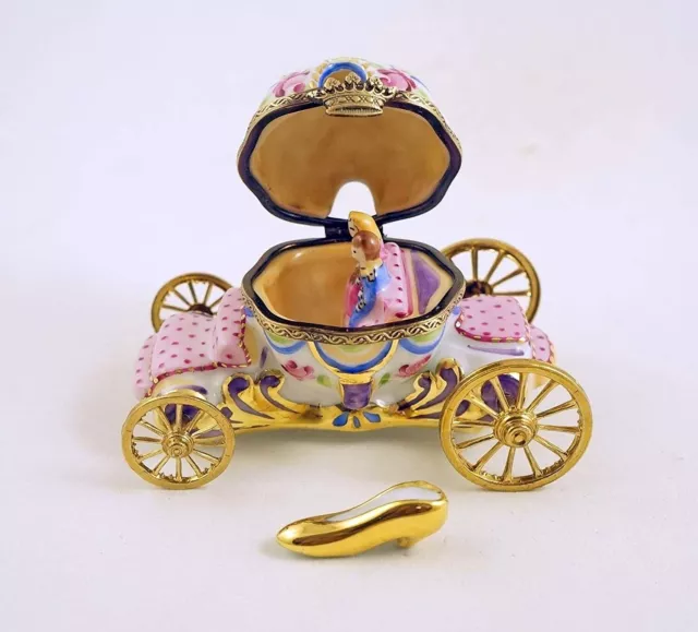 New French Limoges Trinket Box Cinderella's Carriage w Prince Cinderella Slipper