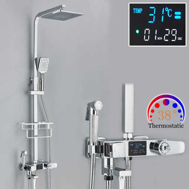 Bathroom Shower Mixer Set LCD Display Tap 8" Square Shower Head with Bidet Spray