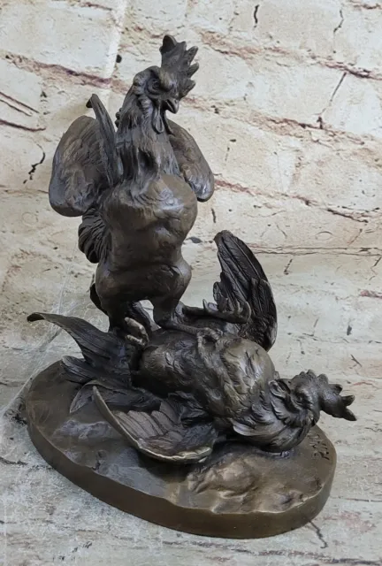 Vintage Solid Brass Roosters Sculpture French Pair Crowing Fighting Cocks Italia