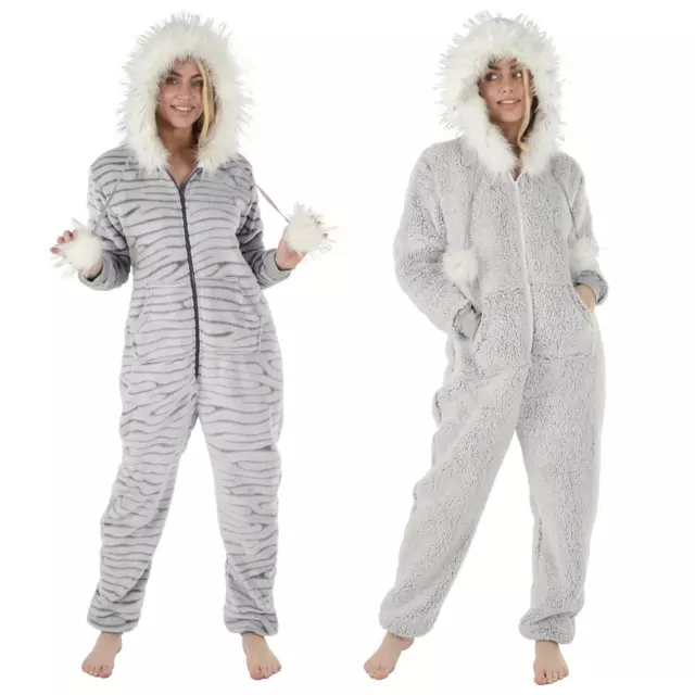 Ladies All In One Grey Hooded Pyjamas Warm Fleece Sleep Suit PJs Nightwear