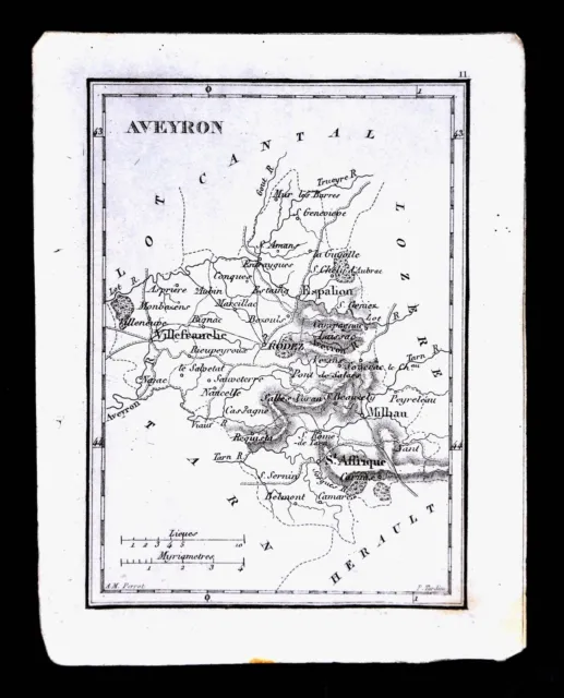 1833 Perrot Tardieu Miniature Map - Aveyron - Villefranche St. Affrique - France