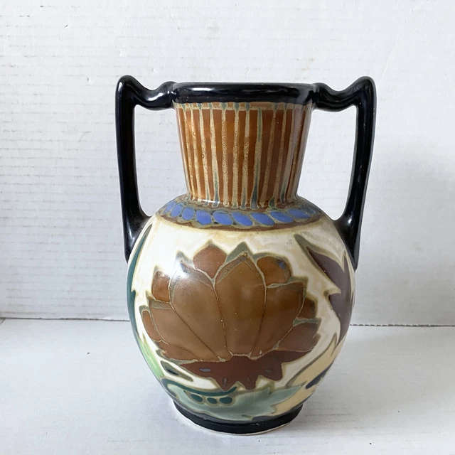 Vintage 1920s-30s Deco Japanese Gouda Style Art Pottery Vase Duel Handles 7.5”