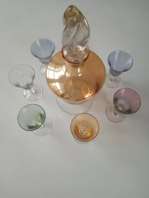 Service A Liqueur Vintage Carafe Et 6 Verres Verre Coloré