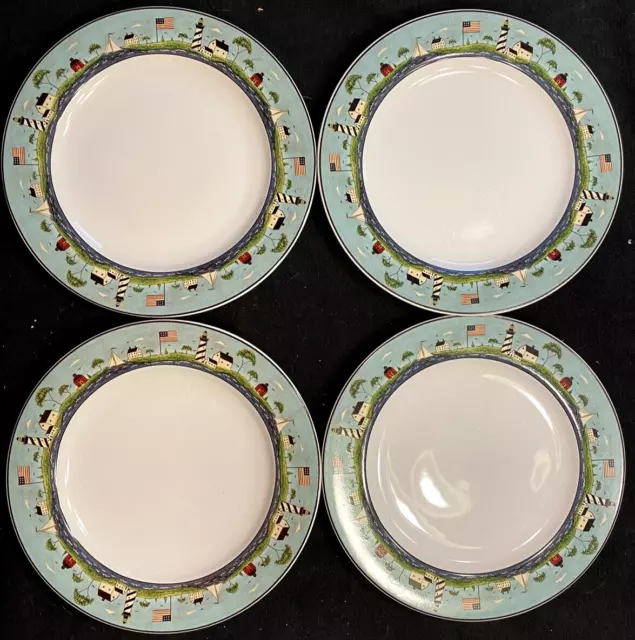 4 Sakura Warren Kimble Coastal Breeze Lighthouse Flag Ship 11" Dinner Plates