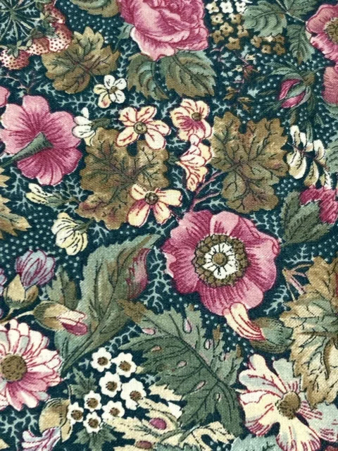 Vintage Concord Fabric Joan Kessler Pink White Flowers Leaves on Green 1Y x 44"W