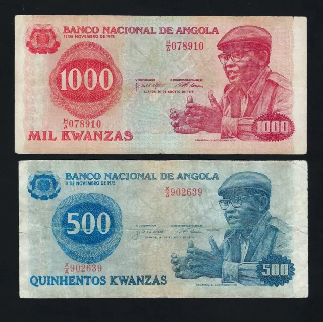 Portugal ANGOLA set 500 + 1000 KWANZAS 1979 P-116 AND P-117 F-VF