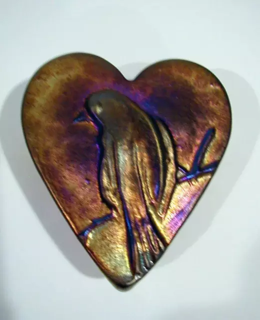Robert Held Iridescent Art Glass Heart w Bird Paperweight Signed & Paper Label