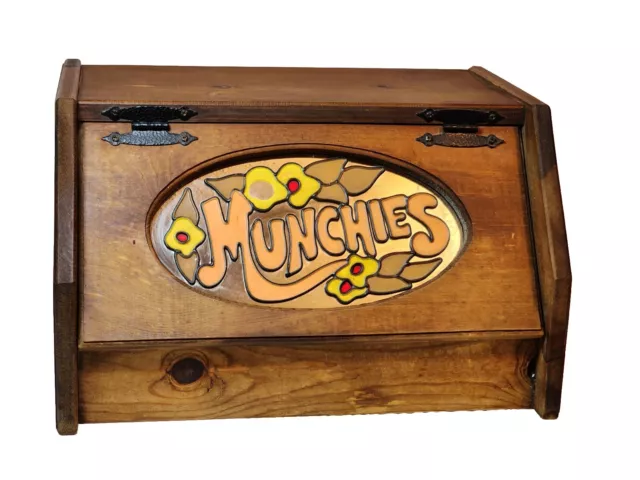 Vtg Wood Bread Box Stained Glass Painted Munchies Art Deco  Retro 1970s Boho