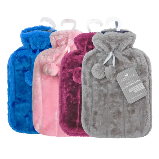 Revitale Natural Rubber Hot Water Bottle with Cover Cosy Fur Pom Pom - 2 Litre
