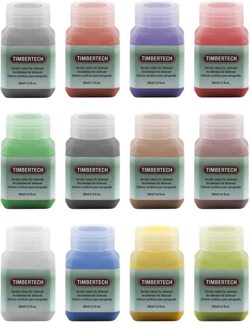Timbertech-Kit Pittura Colori acrilici per aerografo, 12x30ml, Modello Set base