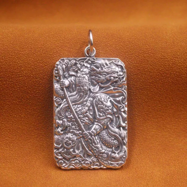 Real 999 Pure Silver Chinese Guanyu Door-god Square Men's Pendant Chain