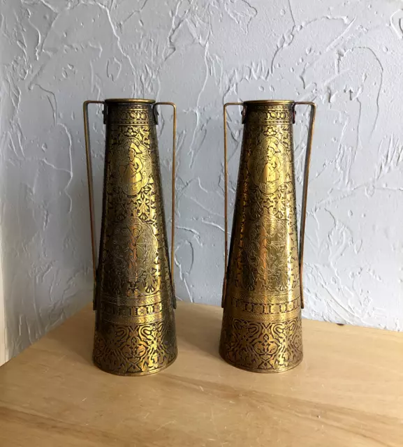 Pair Of Vintage Kinco Detailed Brass Art Noveau Designed Vases ENGLAND 2