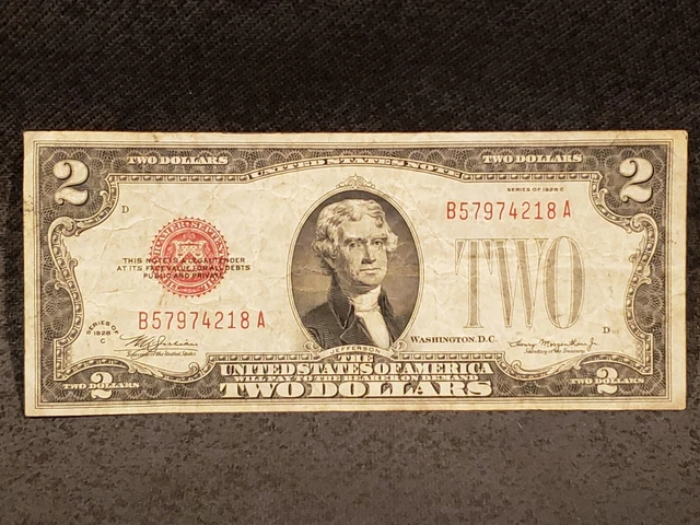 1928-C $2 Two Dollar Bill Red Seal United States Note VG/FINE FREE SHIPPING