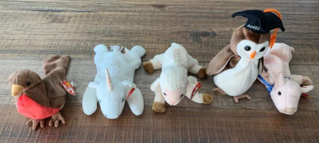 TY Beanie Babies: Lot of 5.  Early...Knuckle..Mystick...Ewey...Wise + Swing Tags